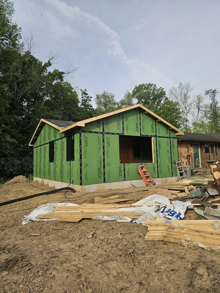 Wall framing underway on a residential home addition